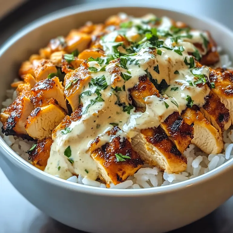A bowl of rice and chicken with a creamy garlic sauce.