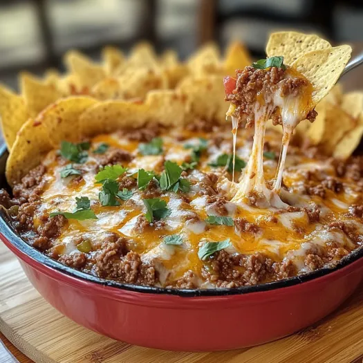 A close up of a delicious meaty Texas trash dip.
