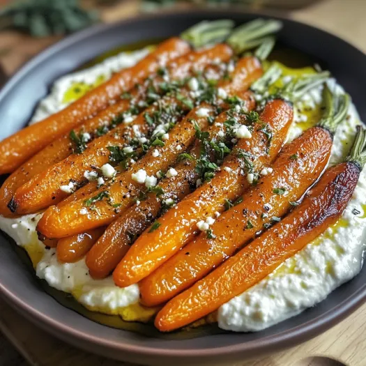 A plate of roasted carrots with whipped ricotta and hot honey.