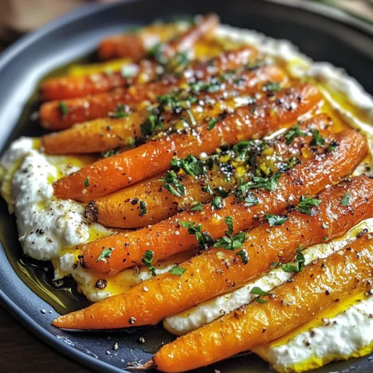 A plate of roasted carrots with whipped ricotta and hot honey.