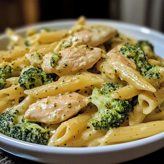 A plate of creamy broccoli and chicken penne.