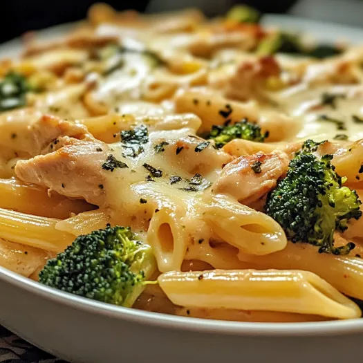 A plate of creamy broccoli and chicken penne.
