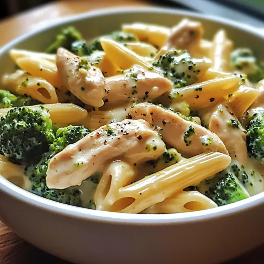 A bowl of creamy broccoli and chicken penne.