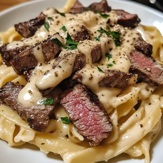 A plate of creamy steak pasta.