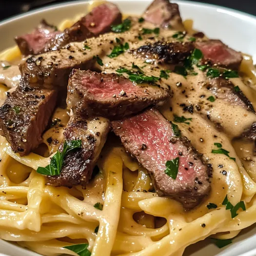 A bowl of creamy steak pasta.