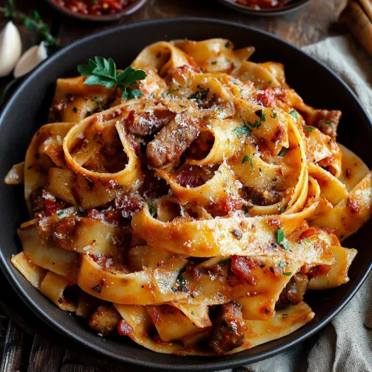 A bowl of pasta with meat and sauce.