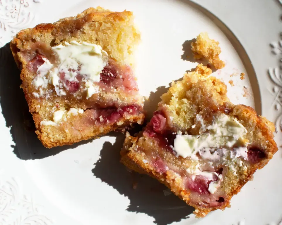 A piece of strawberry jam coffee cake.