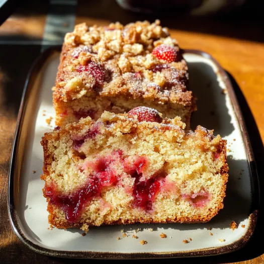 A slice of strawberry jam coffee cake.