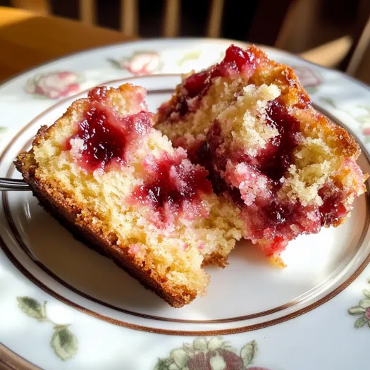 A slice of strawberry jam coffee cake.