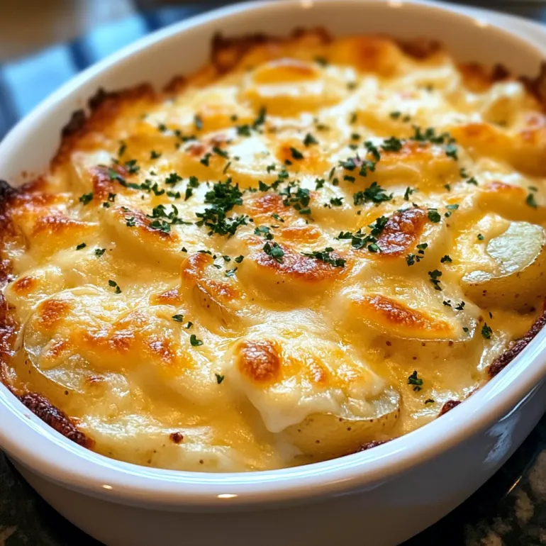 A bowl of cheesy scalloped potatoes.