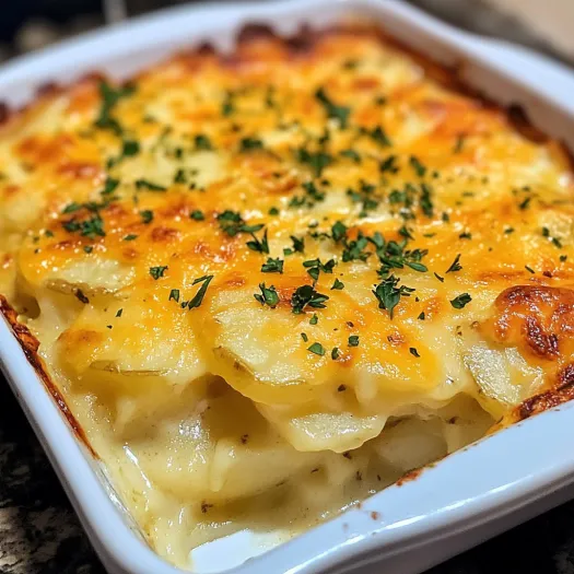 A white bowl filled with cheesy scalloped potatoes.