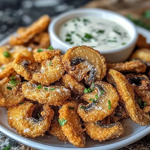 A plate of fried sliced mushrooms with ranch.