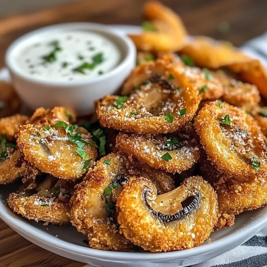 A plate of fried mushrooms with ranch dressing.