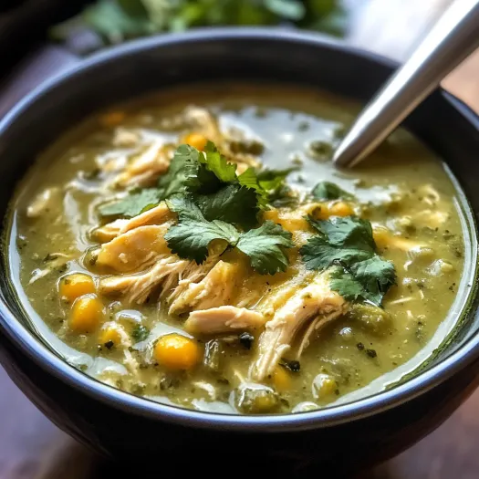 A bowl of soup with chicken and green peppers.