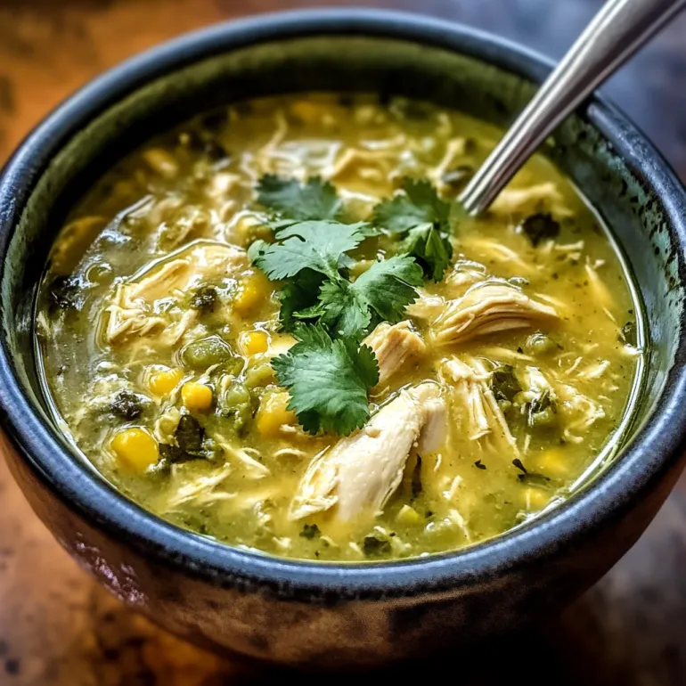 A bowl of soup with chicken and green peppers.