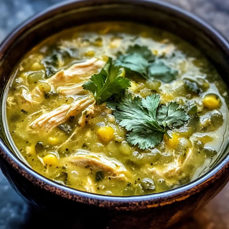 A bowl of green soup with chicken and cilantro.