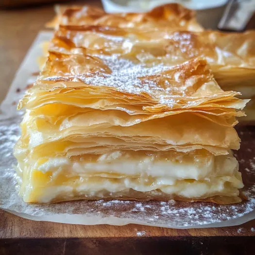 A stack of bougatsa with crispy filo layers.