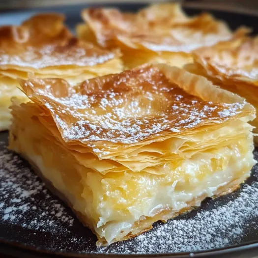 A plate of bougatsa with crispy filo layers.