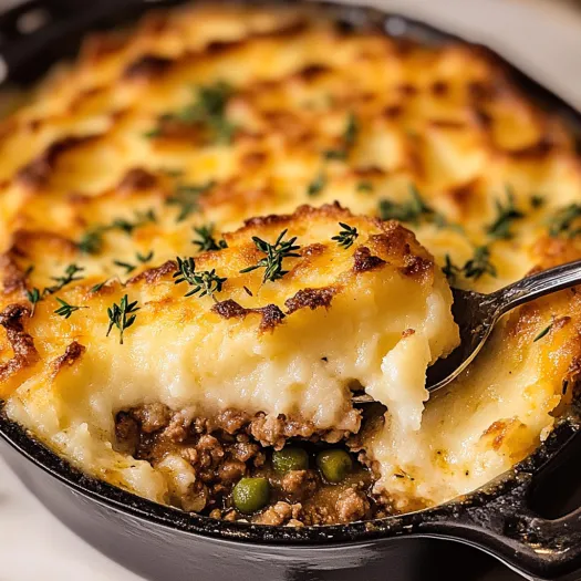 A homemade shepherd's pie in a black pan.