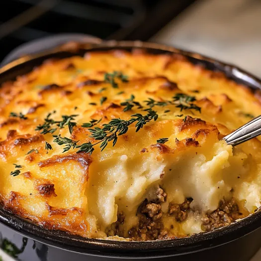 A homemade shepherd's pie with a fork in it.