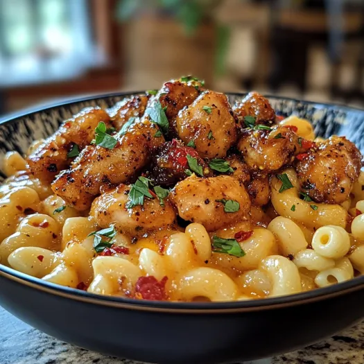 A bowl of spicy honey pepper chicken and mac and cheese.