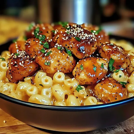 A bowl of food with chicken and mac and cheese.