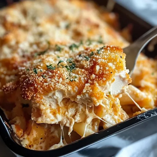 A close up of a delicious keto chicken parmesan casserole.