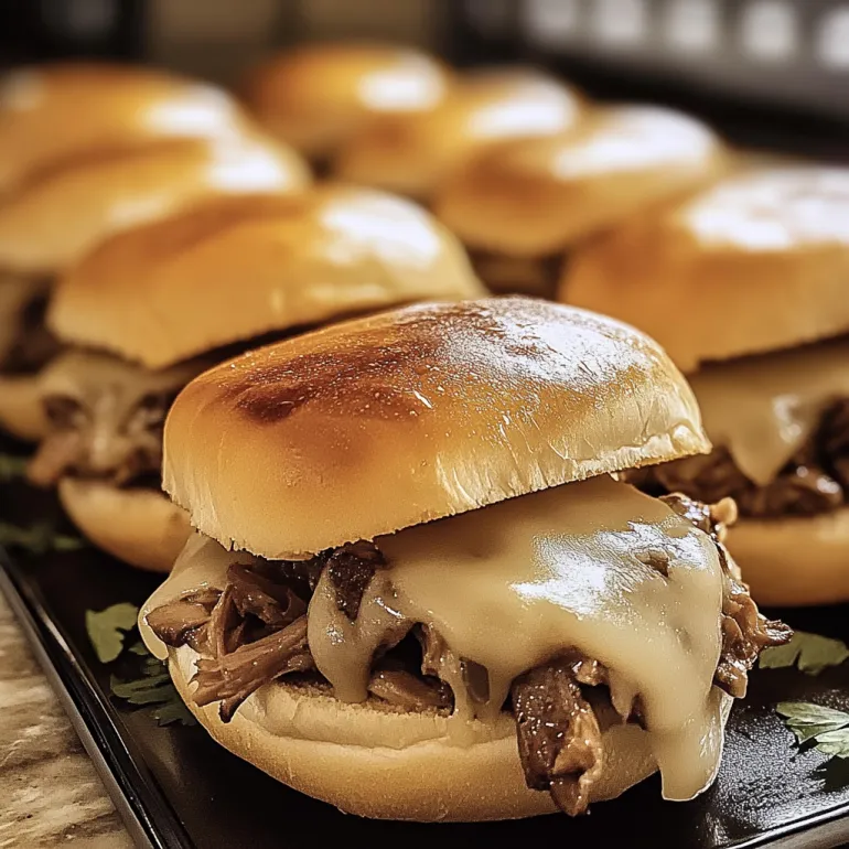 A tray of French dip sliders.