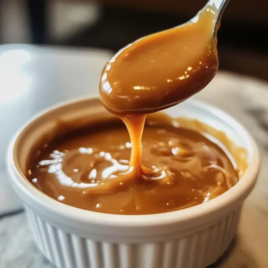 A spoon is in a bowl of butterscotch sauce.