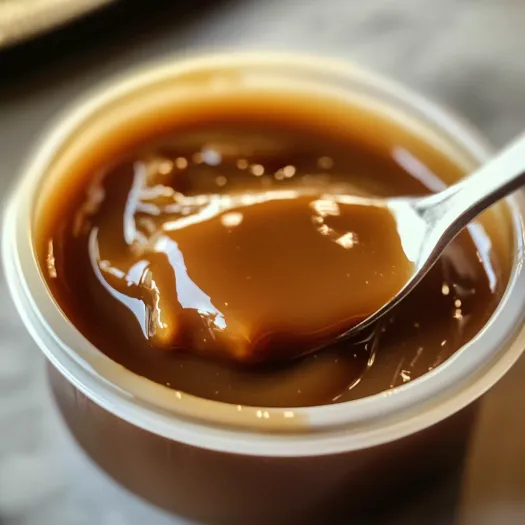 A spoon in a bowl of butterscotch sauce.