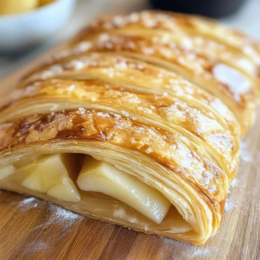 A braided apple puff pastry on a wooden table.