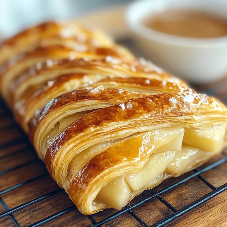 A braided apple puff pastry on a cutting board.