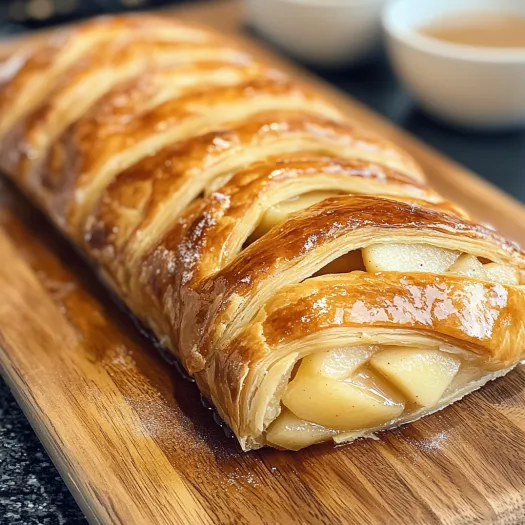 A braided apple puff pastry on a wooden board.