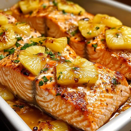 Baked pineapple salmon with pineapple slices on top.