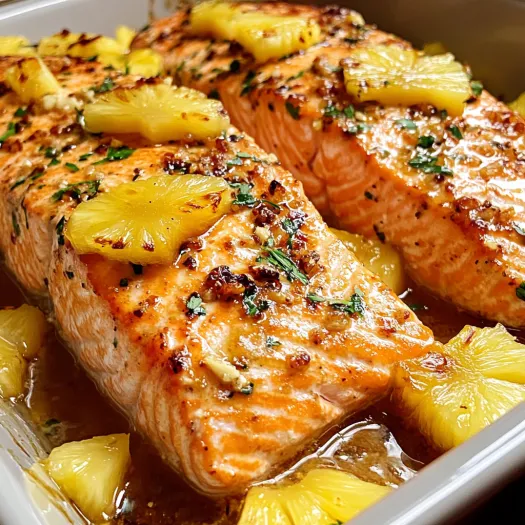A dish of baked pineapple salmon.