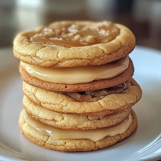 Three stacked cookies with caramel sauce.