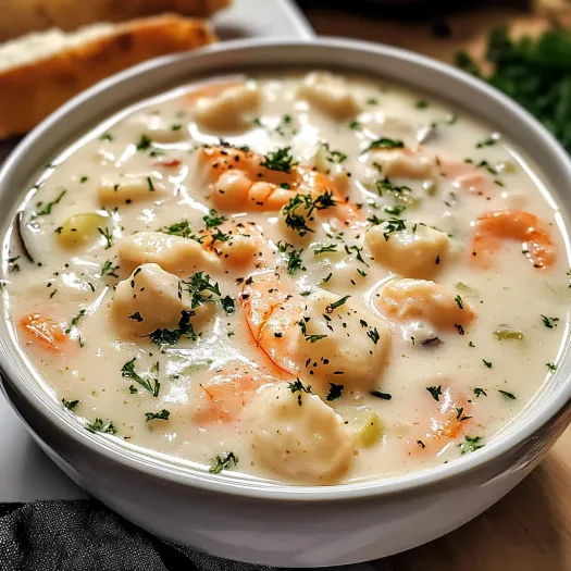 A bowl of creamy seafood chowder.