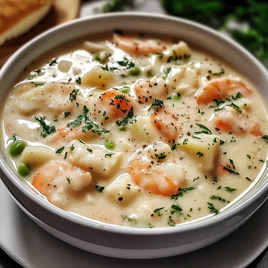 A bowl of creamy seafood chowder.