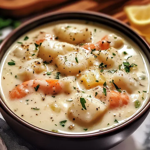 A bowl of creamy seafood chowder with carrots and herbs.