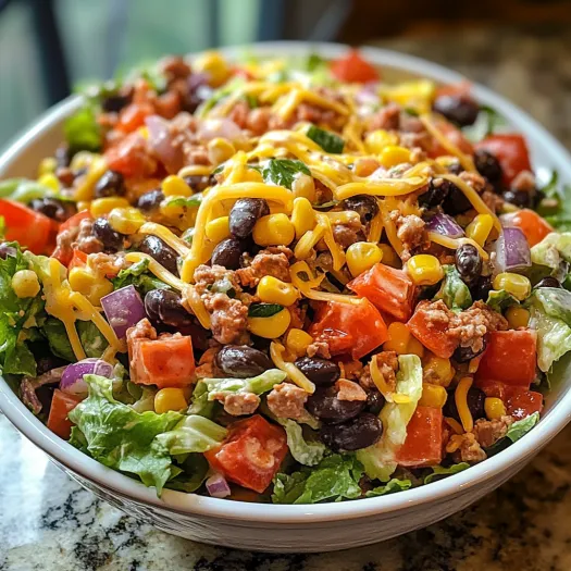 A bowl of cowboy salad with tomatoes, corn, beans, and cheese.