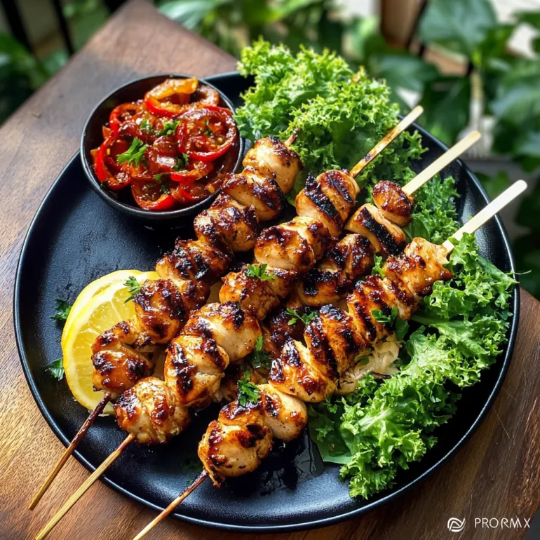 Grilled Thai Coconut Chicken Skewers with a side of peppers and greens.