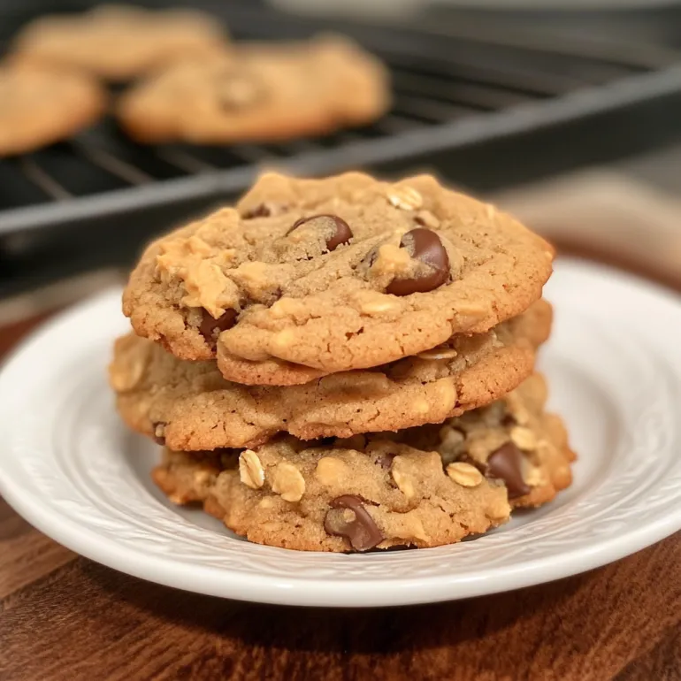 A plate of peanut butter oatmeal chocolate chip cookies.