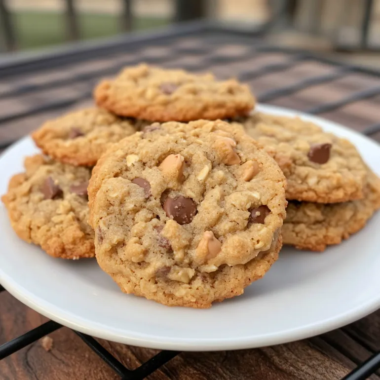 A plate of peanut butter oatmeal chocolate chip cookies.