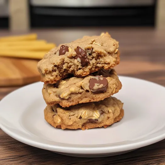 Three stacked cookies with peanut butter, oatmeal, and chocolate chips.