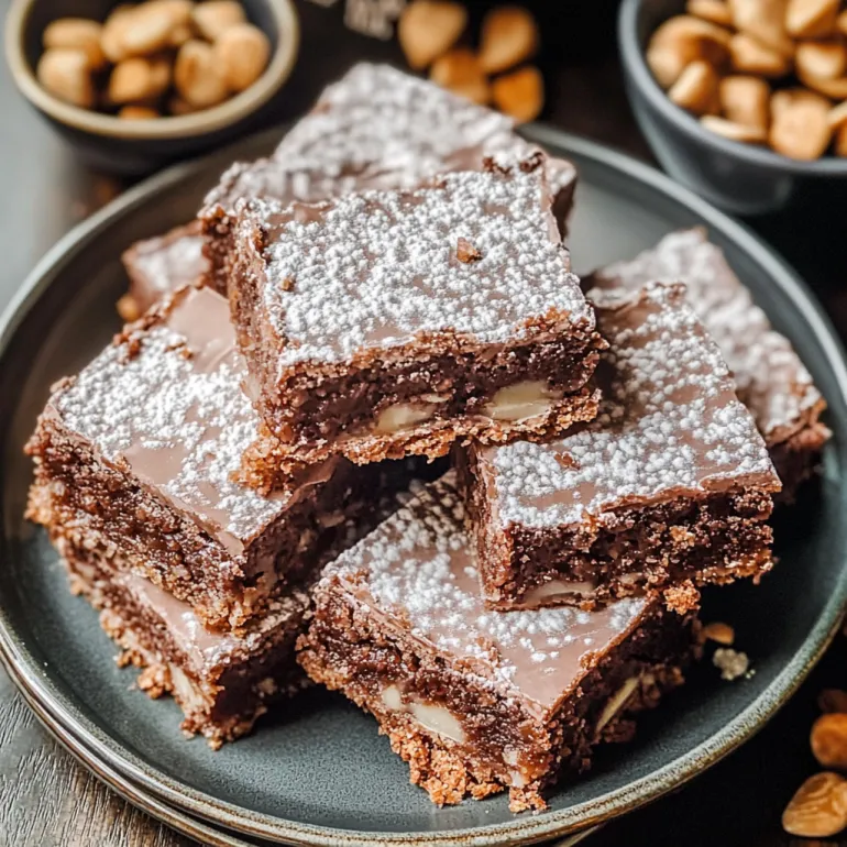 A plate of chocolate bars with white powder on top.