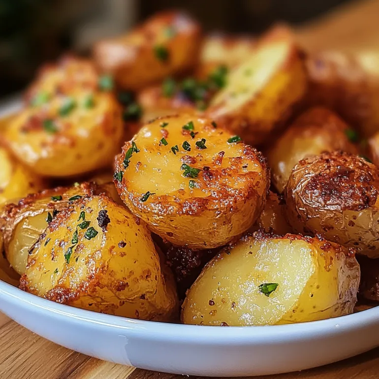 A bowl of roasted potatoes with herbs.