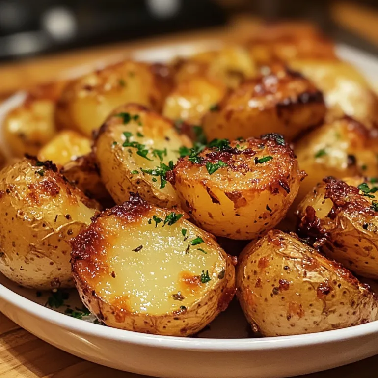 A plate of roasted potatoes.