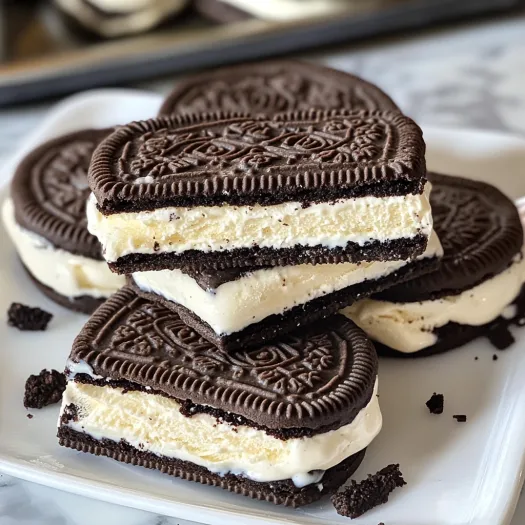 A white plate with two Oreo ice cream sandwiches.
