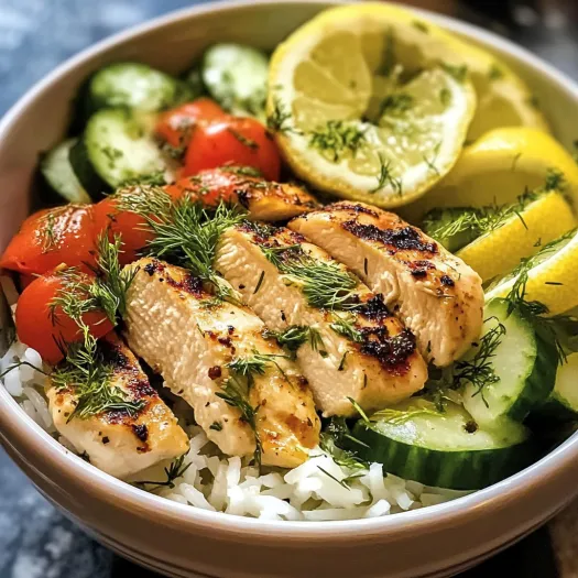 A bowl of chicken with lemon and dill.