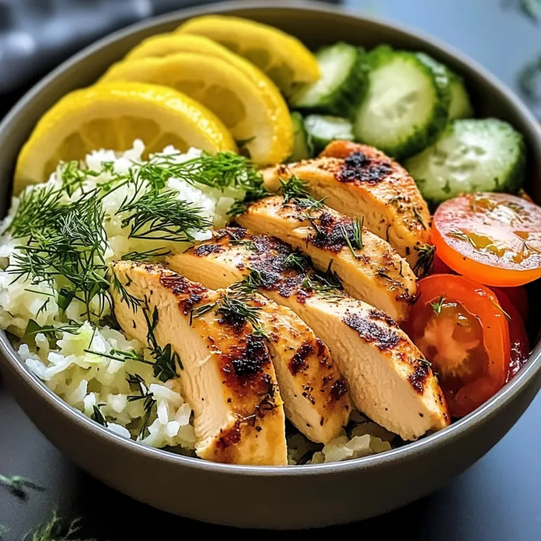 A bowl of chicken with tomatoes, cucumbers, and lemon-dill.